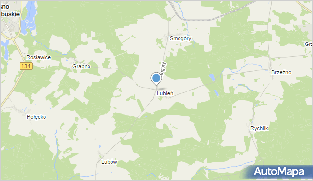 mapa Lubień, Lubień gmina Ośno Lubuskie na mapie Targeo